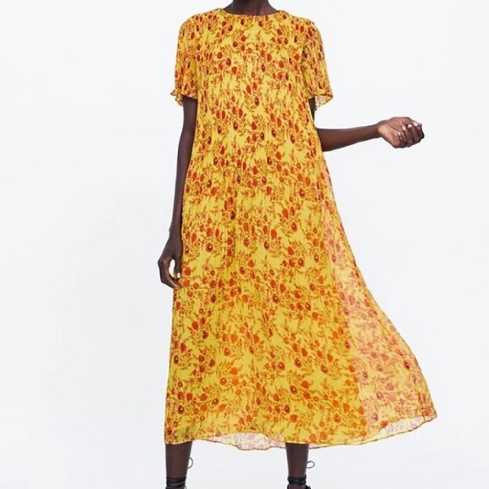 Floral pleated yellow Zara dress